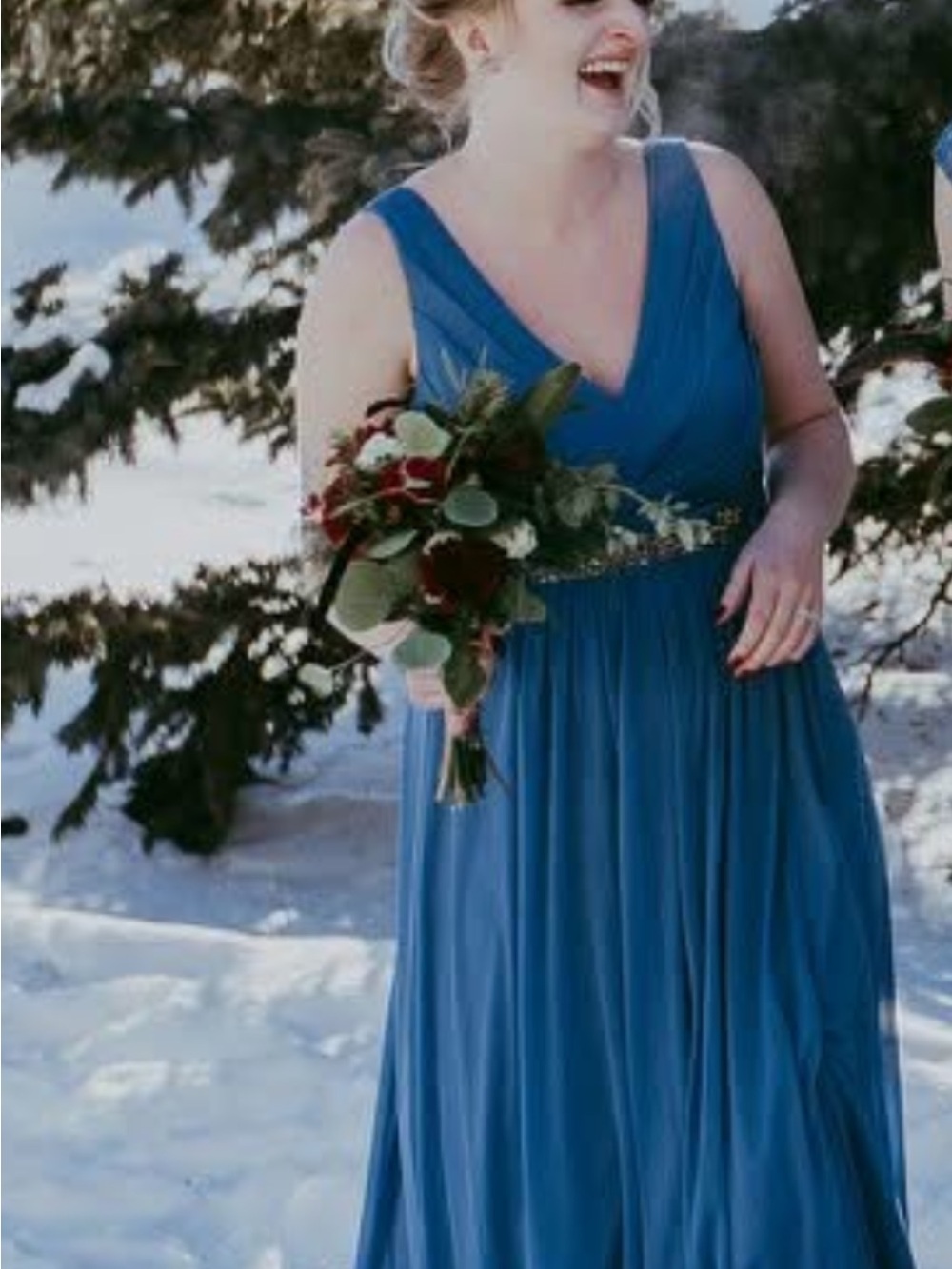 David's Bridal Royal Blue V-Neck Chiffon Maxi Dress